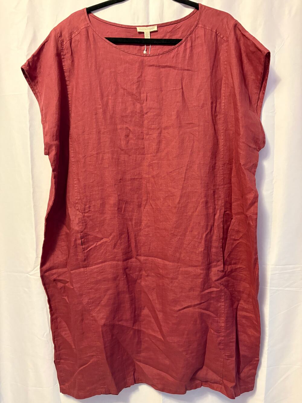 New Eileen Fisher Organic Linen Shift Dress Red Cap Sleeve Sz XL Women's